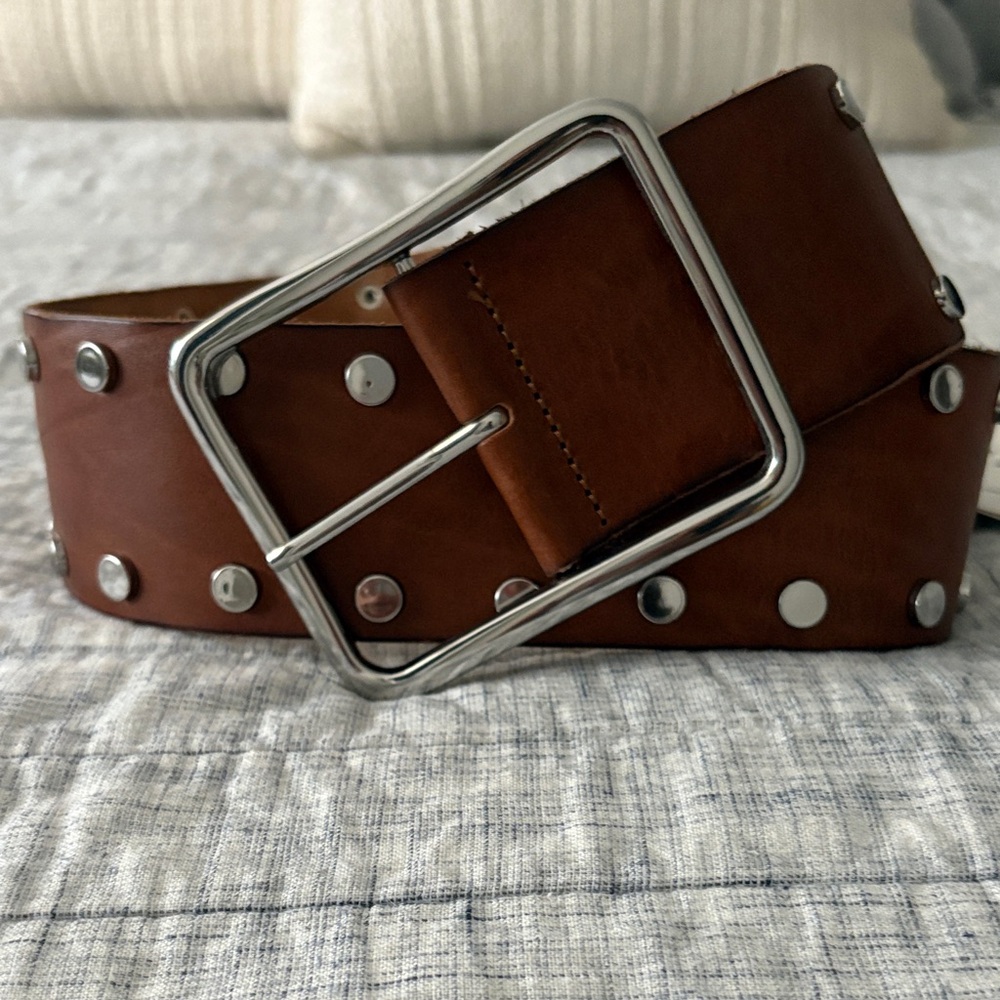 Zara Brown Leather Studded Belt NWT